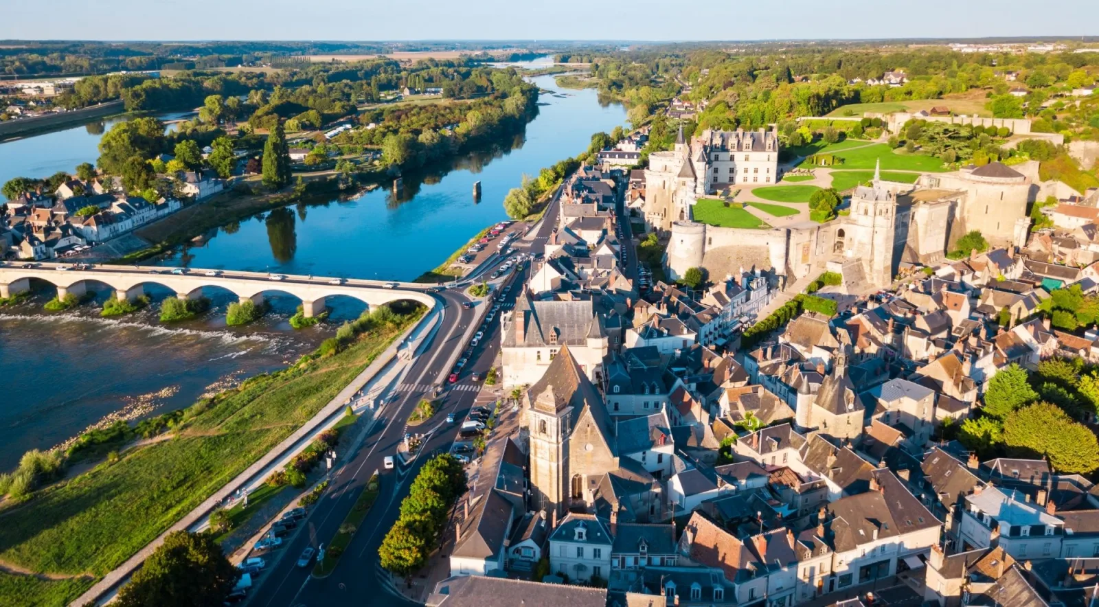 Aerial view of Amboise, the Loire river and the Château d'Amboise on its bluff