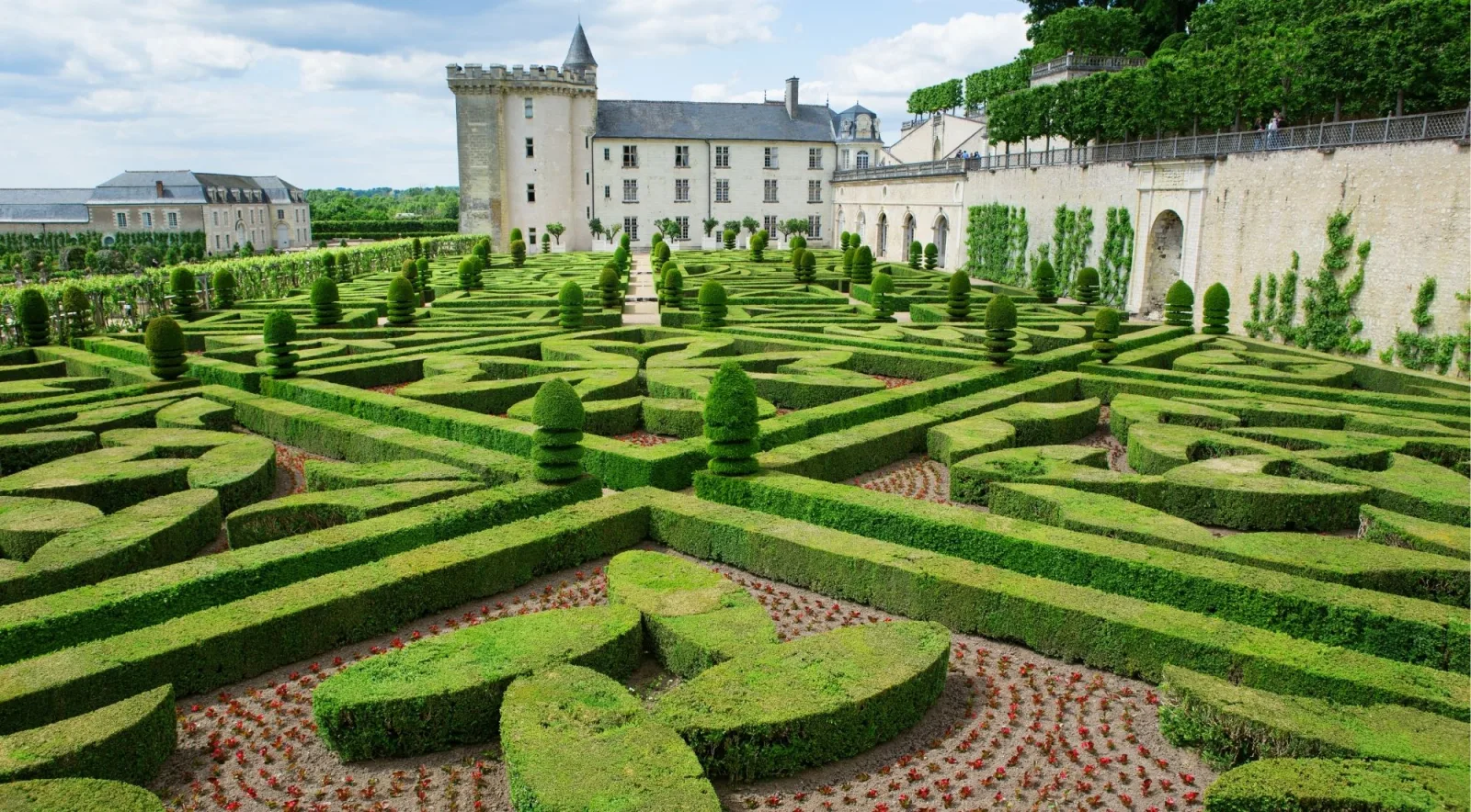 Aerial view of the clipped box-hedge gardens at Château de Villandry