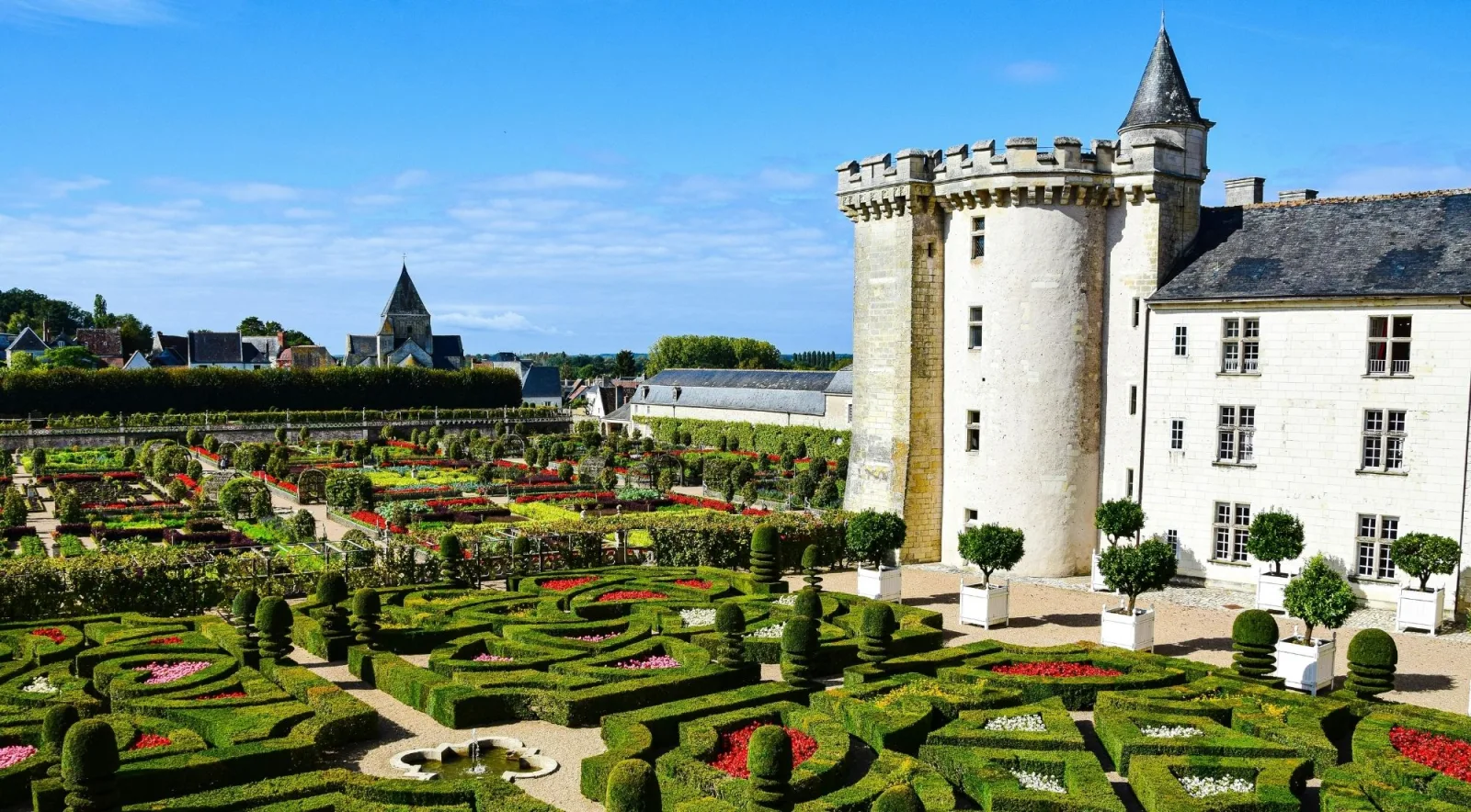 The ornamental kitchen garden parterres and keep at Château de Villandry
