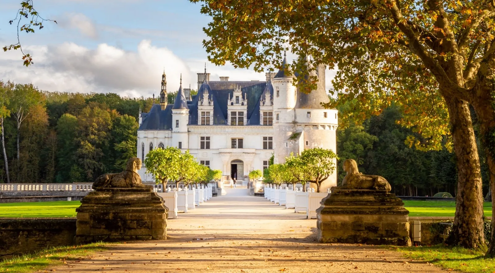 The sphinx-flanked avenue leading to the entrance of Château de Chenonceau