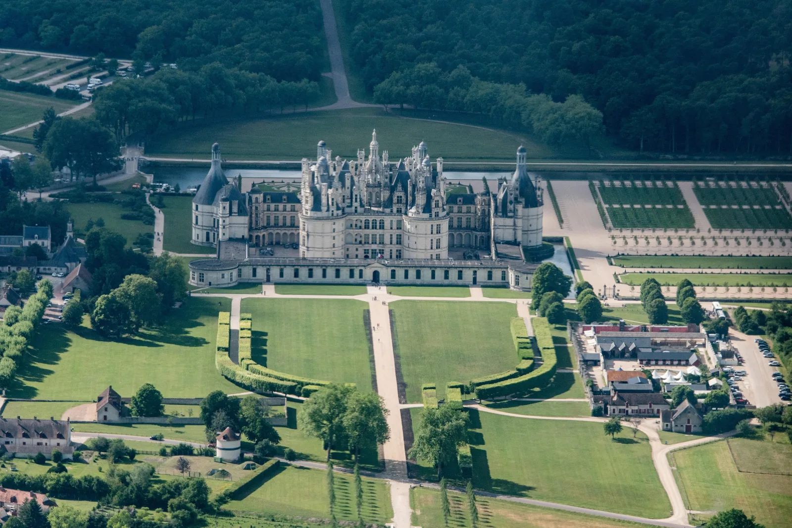 Aerial view of Château de Chambord and its formal French gardens