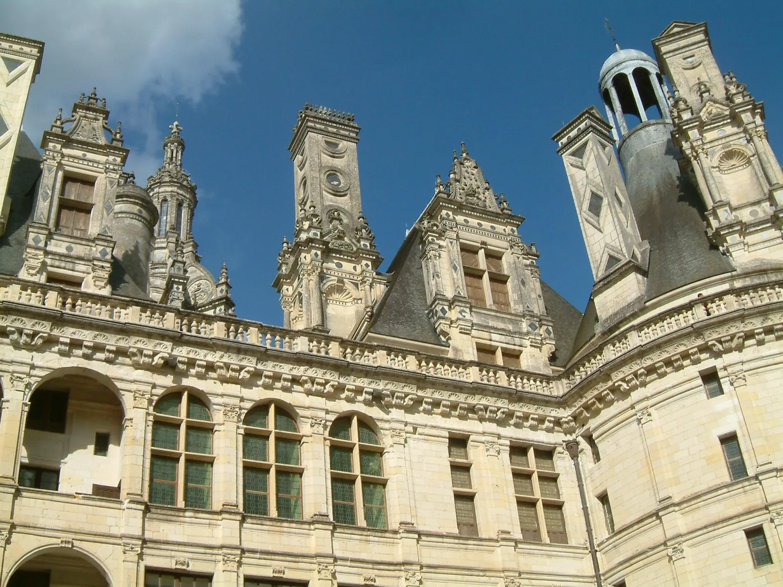 Close view of Chambord's carved lantern tower and roof dormers