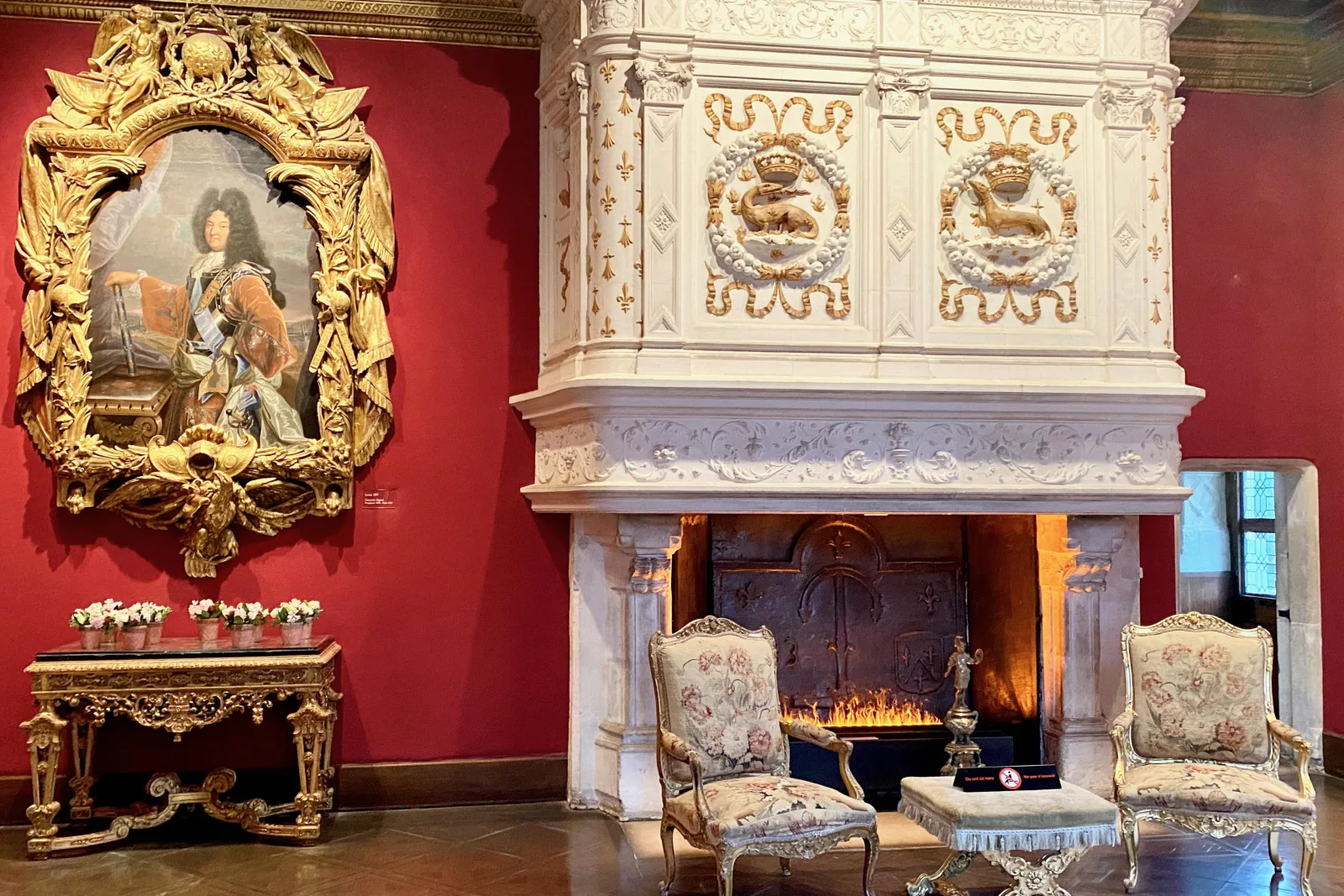 A lit fireplace and gilded overmantel in a red-walled château salon