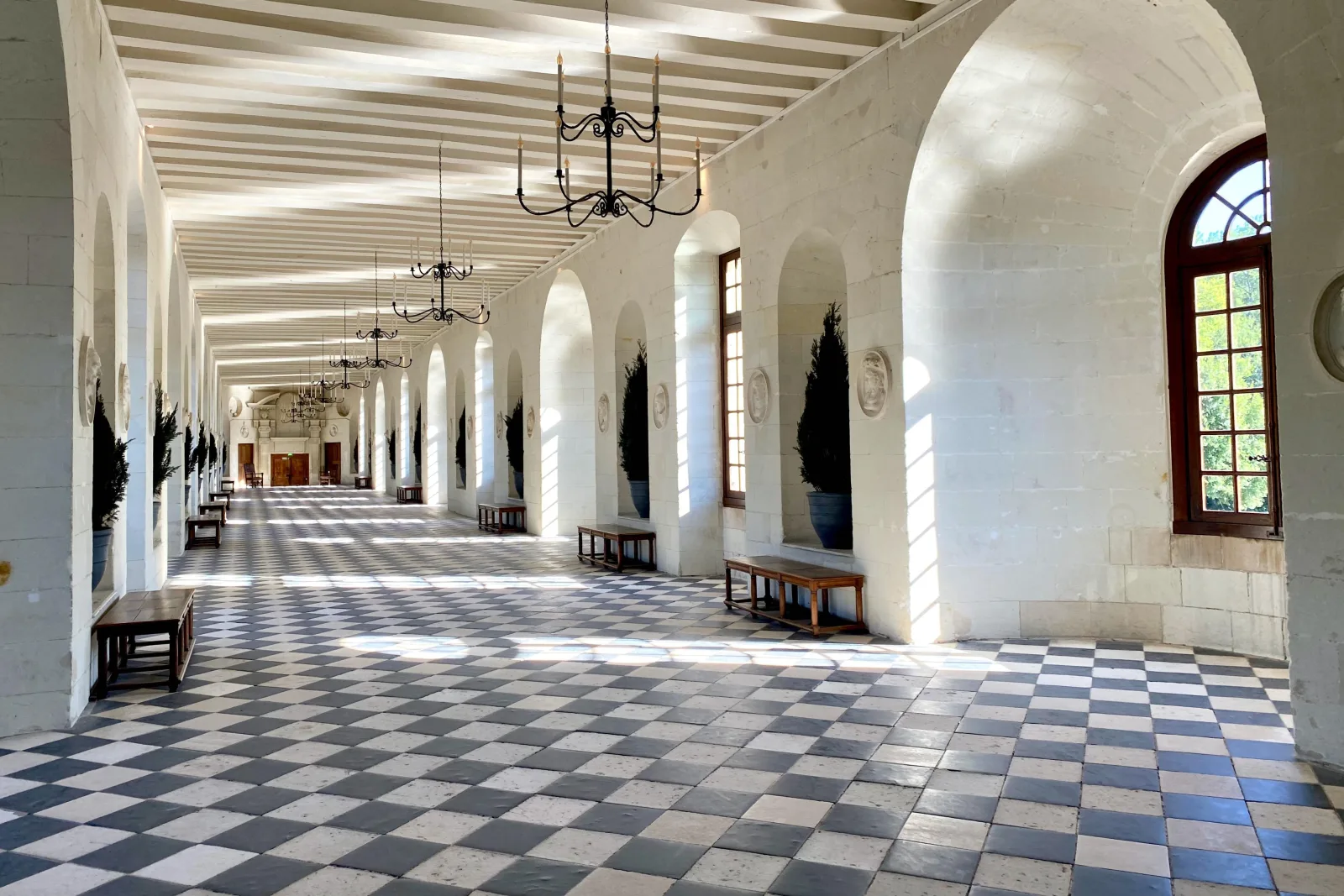 Chenonceau's long gallery with its black-and-white chequerboard floor