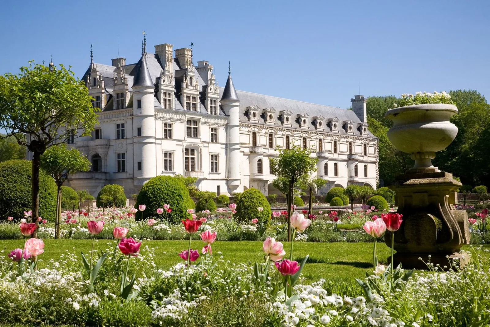 Rose beds and a stone urn in the garden beside Château de Chenonceau